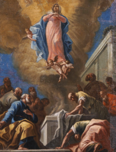 The Virgin Mary being assumed into heaven surrounded by cherubs as men bow and look on in amazement.